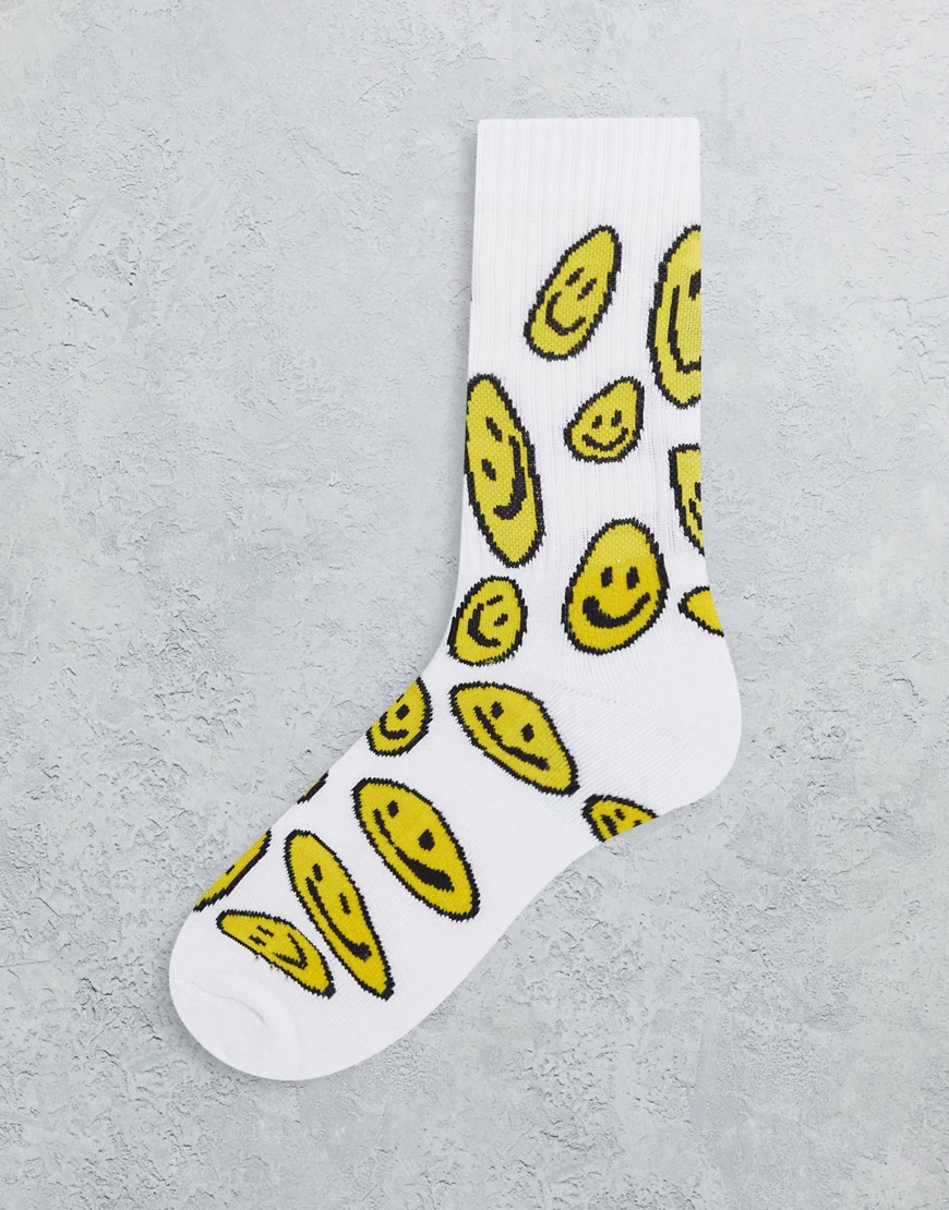 ASOS DESIGN – Sportsocken in Weiß mit durchgehendem Smileys-Print günstig online kaufen