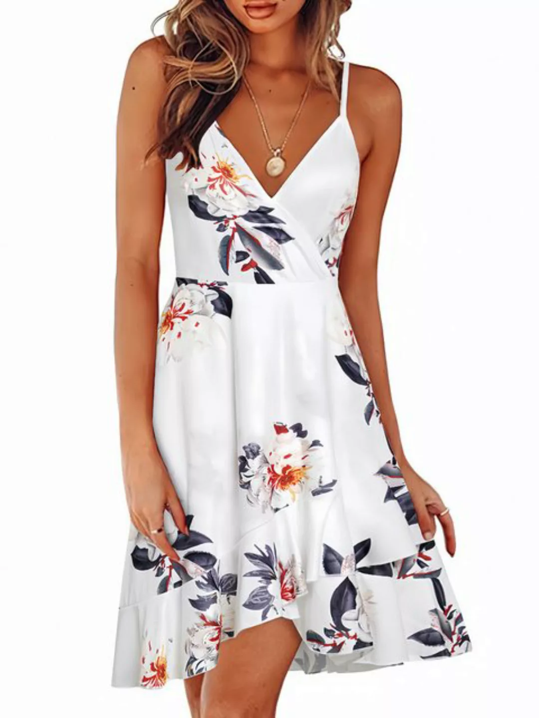 ENIX Sommerkleid Damen Sommerkleider Blumenmuster Kleid V-Ausschnitt Strand günstig online kaufen
