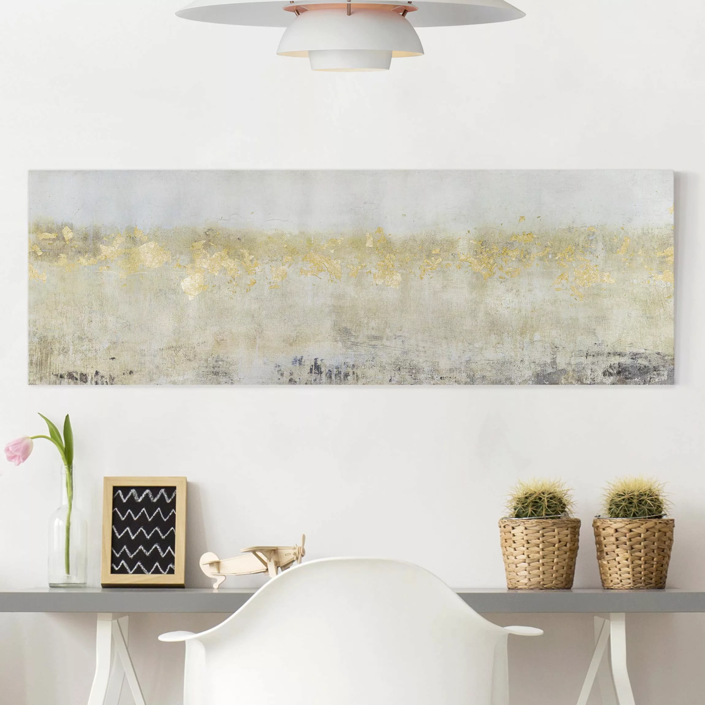 Leinwandbild Abstrakt - Panorama Goldene Farbfelder I günstig online kaufen