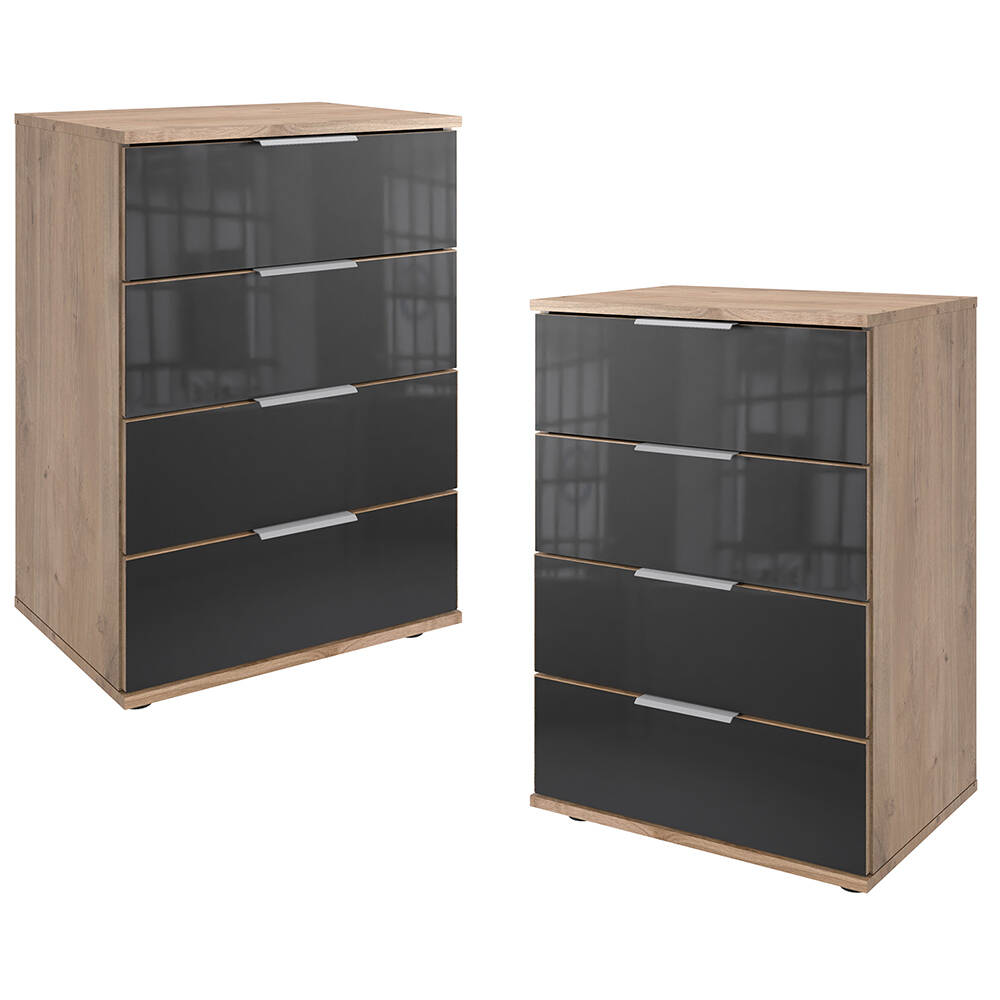 Nachtschrank 2er Set 74cm hoch, Eiche und graphit mit grauem Glas, ideal fü günstig online kaufen