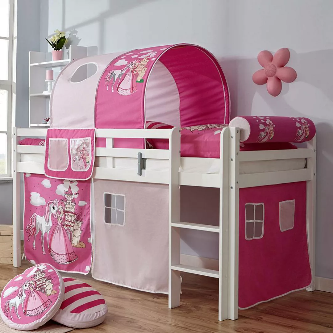 Kinderhochbett in Weiß Pink und Rosa Prinzessin Motiv günstig online kaufen