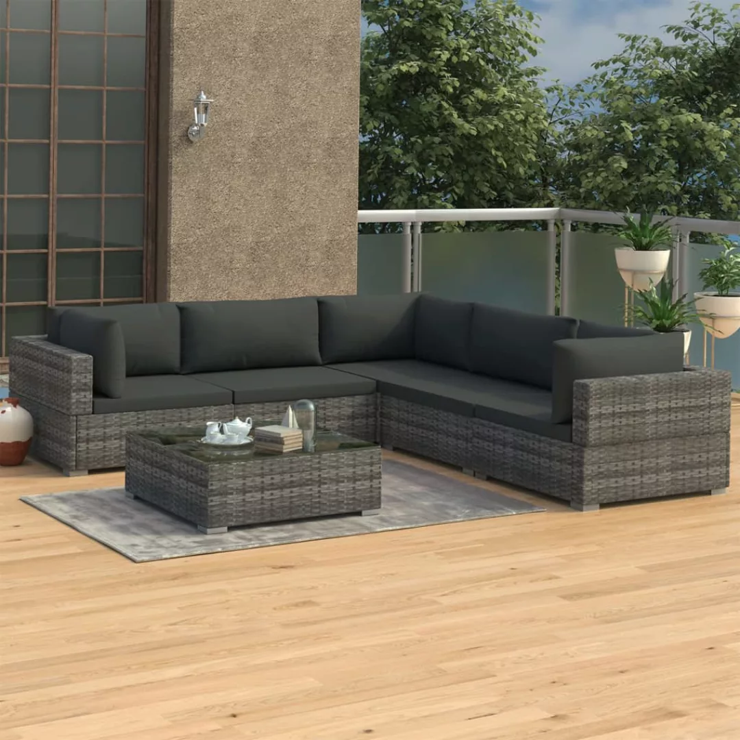 6-tlg. Garten-lounge-set Mit Auflagen Poly Rattan Grau günstig online kaufen