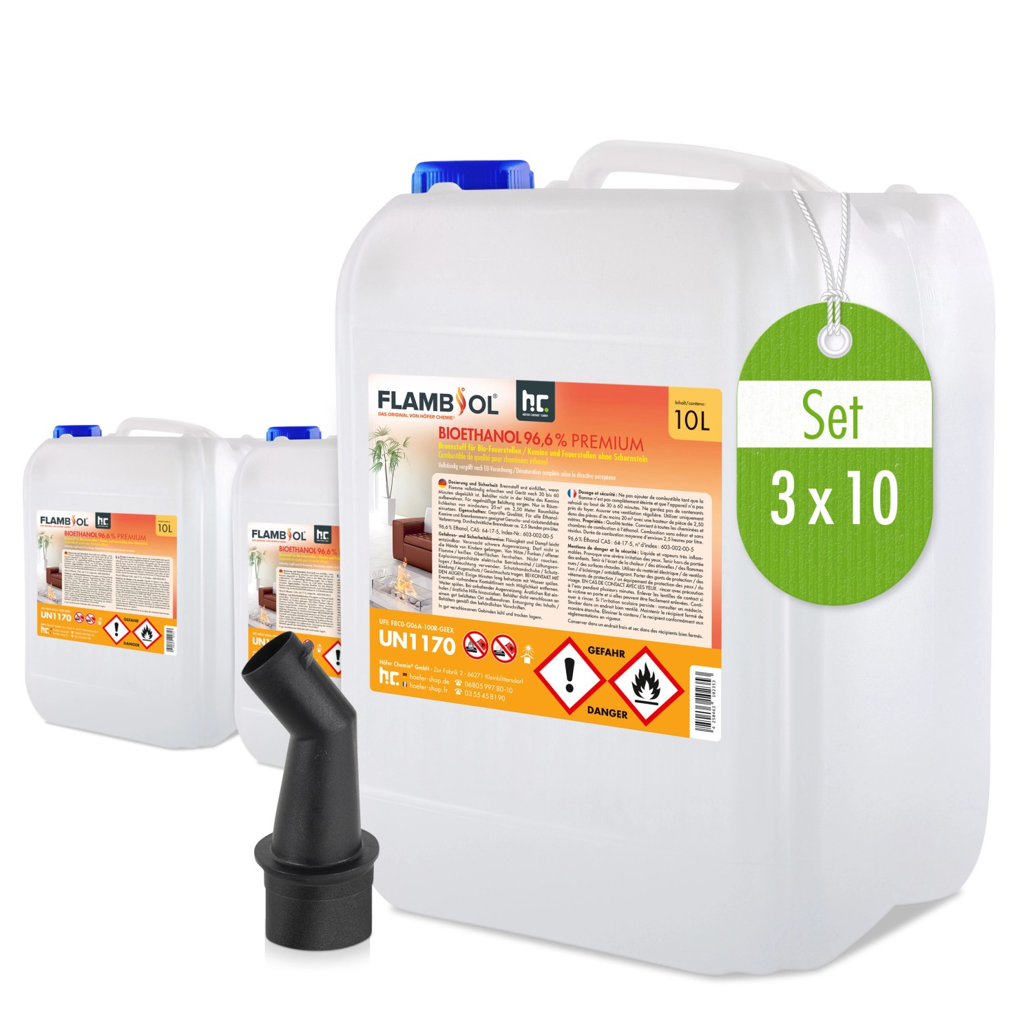 Flambiol Bioethanol 96,6% Premium für Ethanolkamin in Kanistern 10l günstig online kaufen