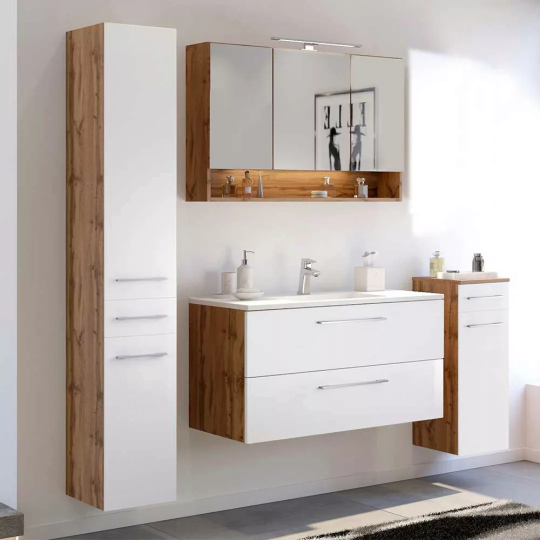 Design Möbel Set für Badezimmer Weiß und Wildeiche Optik (vierteilig) günstig online kaufen