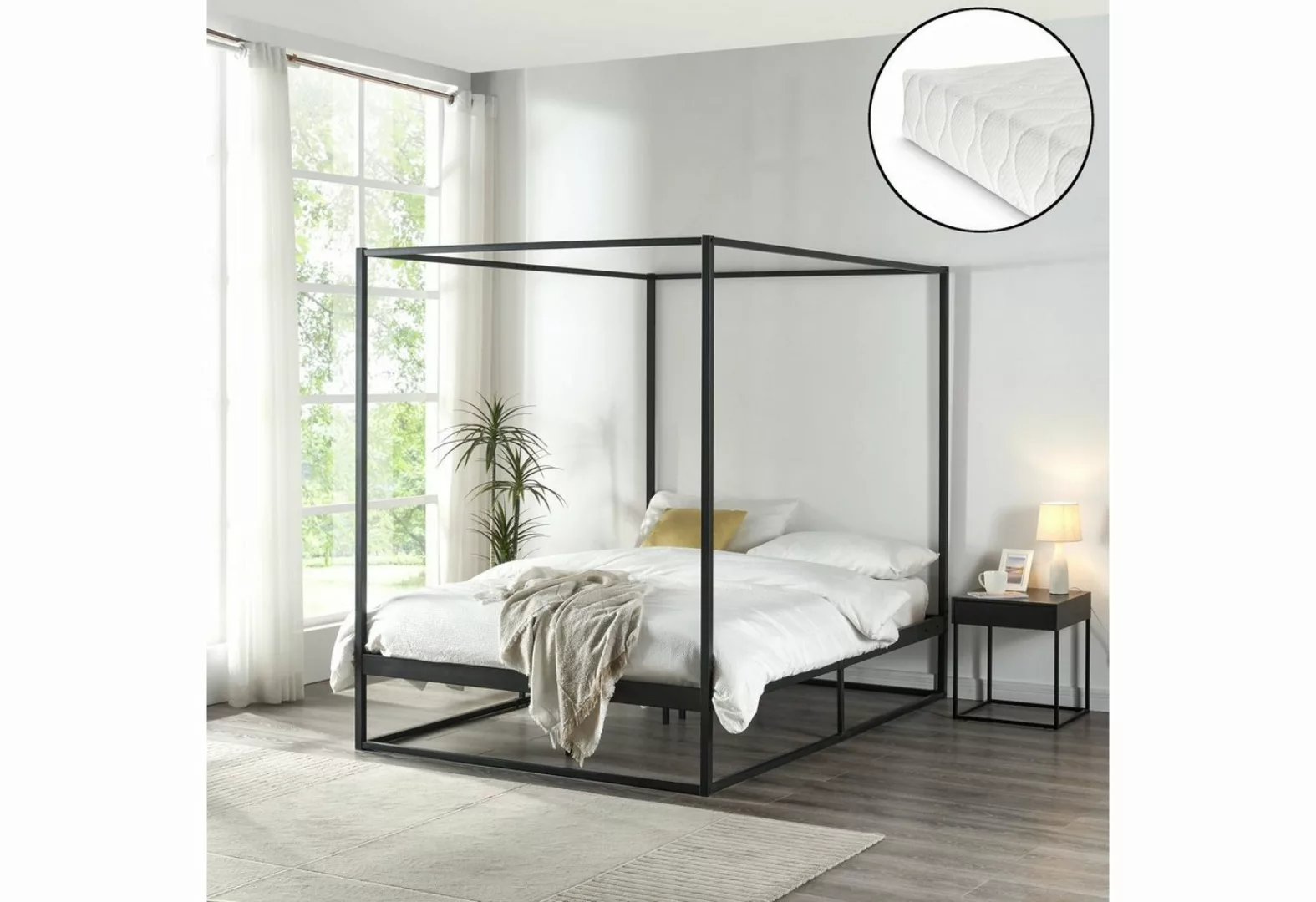 en.casa Himmelbett, »Kristianstad« mit Matratze Metall Schwarz 140 x 200 cm günstig online kaufen