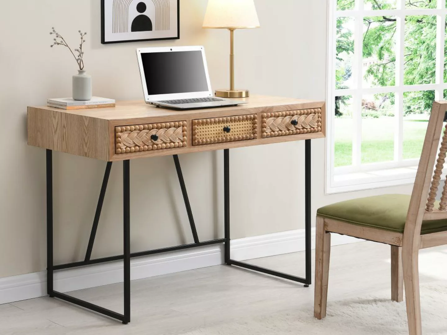 Schreibtisch mit 3 Schubladen - MDF & Metall - Holzfarben & Schwarz - AKIVI günstig online kaufen