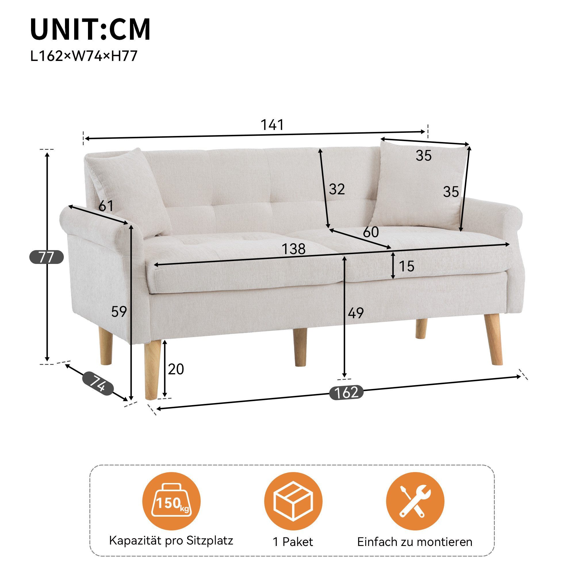 Ulife Sofa Doppelsofa,Polstersofa,Polstermöbel,Chenille-Stoff,mit dicken Ki günstig online kaufen