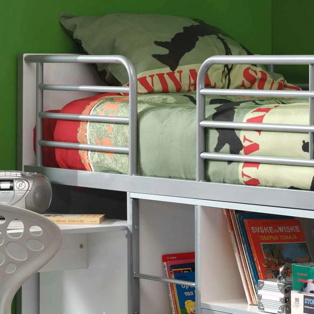 Kinder-Hochbett in Weiß-Grau mit Stauraum günstig online kaufen
