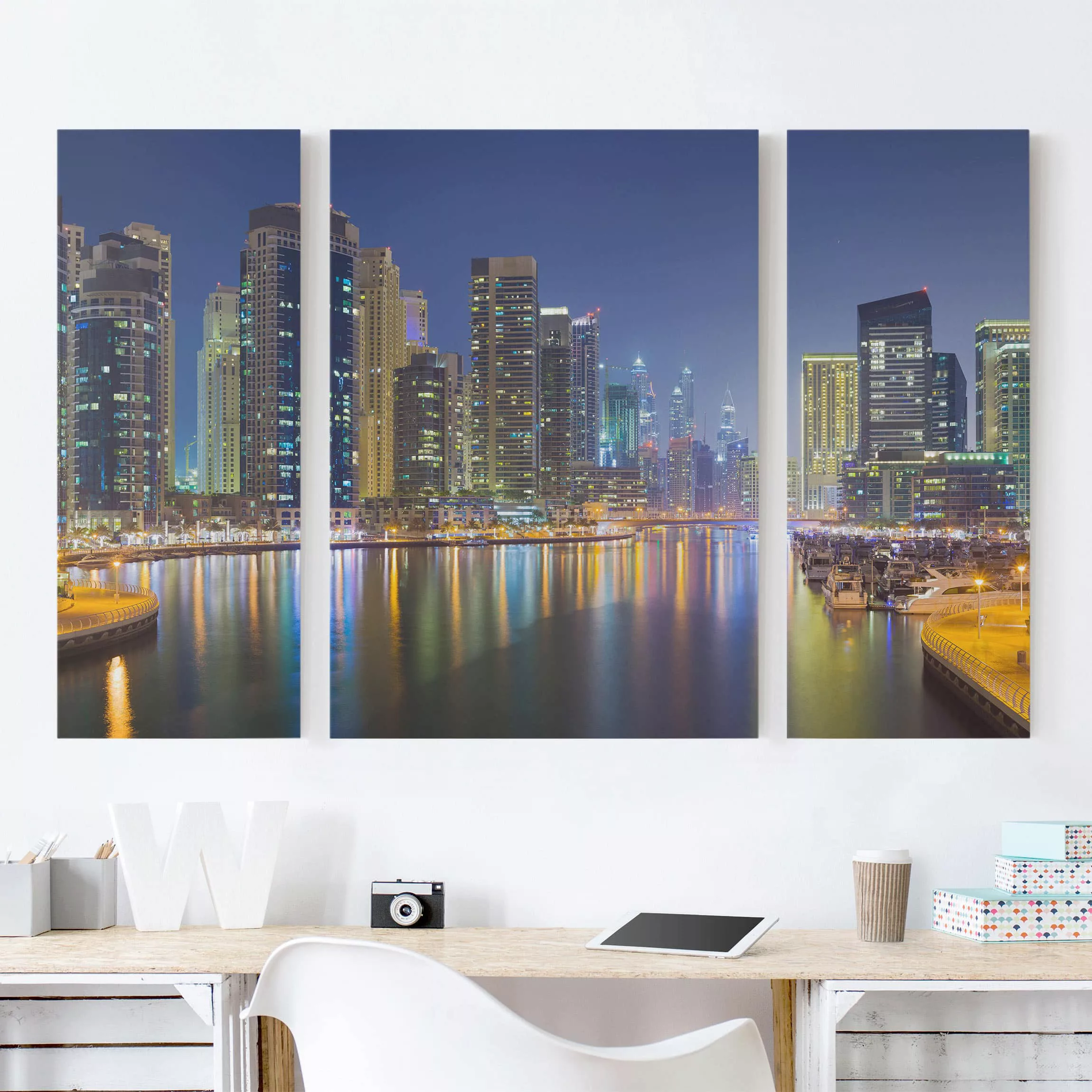 3-teiliges Leinwandbild Architektur & Skyline - Querformat Dubai Nacht Skyl günstig online kaufen