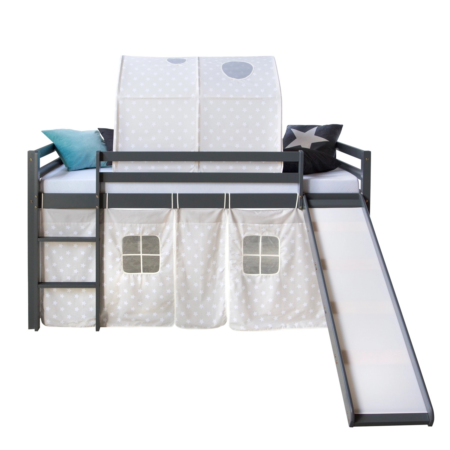 Homestyle4u Hochbett 90x200 mit Vorhang Rutsche und Tunnel in Grau Sterne 1 günstig online kaufen