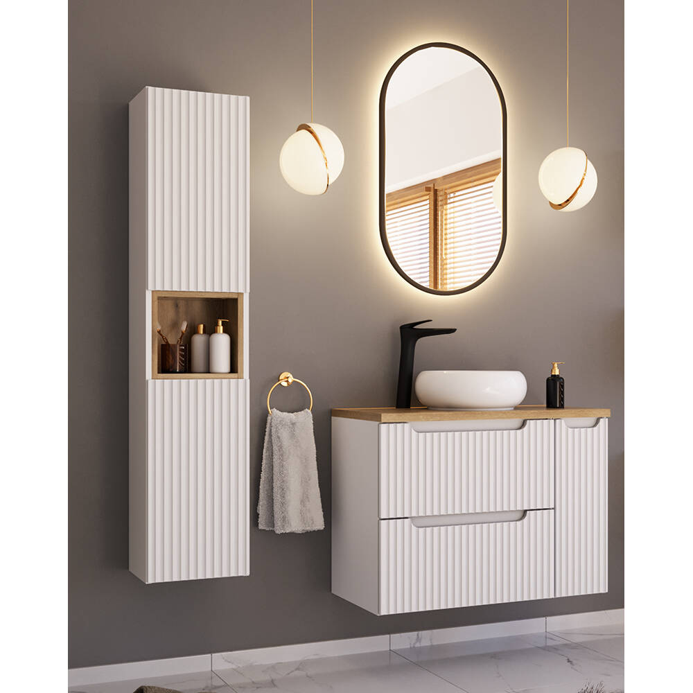 Badmöbel Set 3-teilig mit 80cm Waschtisch, weiß und Eiche, NEWPORT-56-WHITE günstig online kaufen