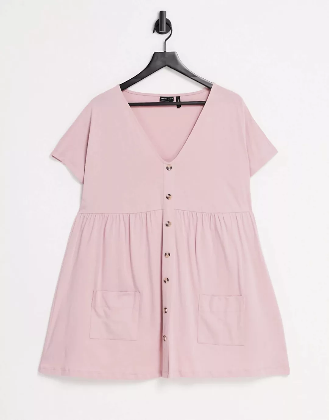ASOS DESIGN – Mini-Hängerkleid mit Taschen und Knopfleiste in Rosé-Rosa günstig online kaufen