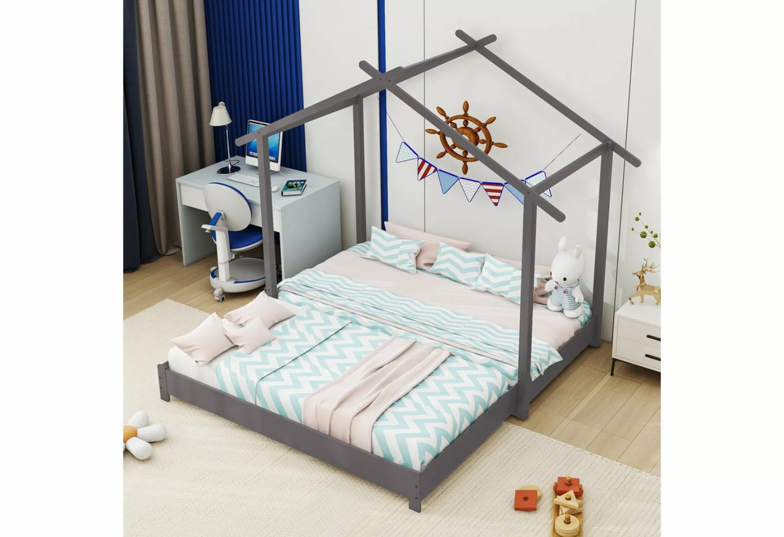 KoDise Kinderbett umbaubar Bodenbett mit Lattenrost Grau für Kinder 90/180x günstig online kaufen