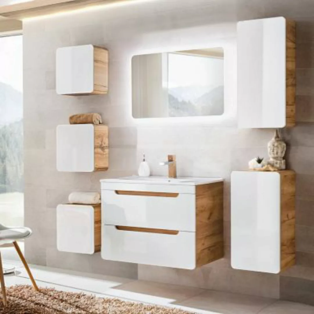 Lomadox Badezimmermöbel Set mit 80cm Waschtisch & LED-Spiegel LUTON-56 Hoch günstig online kaufen
