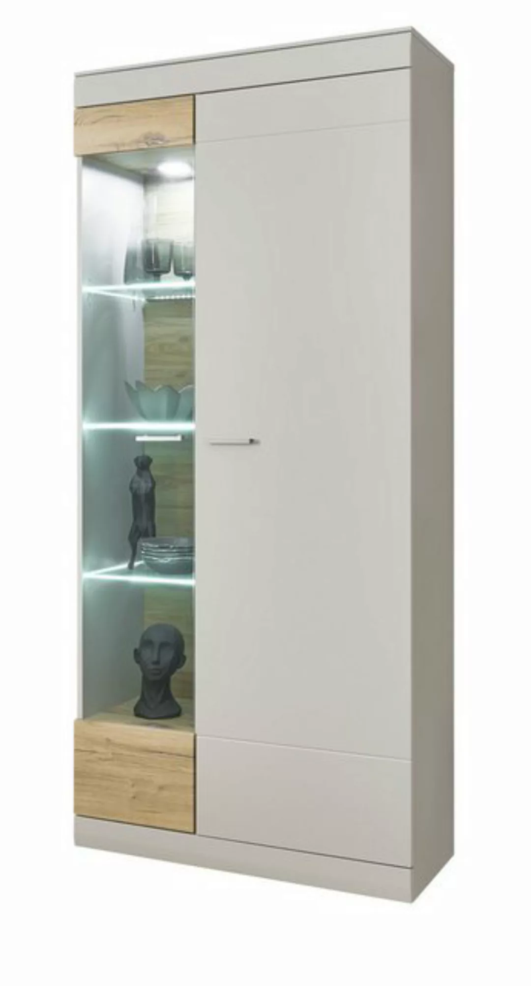 Furn.Design Stauraumvitrine Griego (Vitrinenschrank in Kieselgrau mit Eiche günstig online kaufen