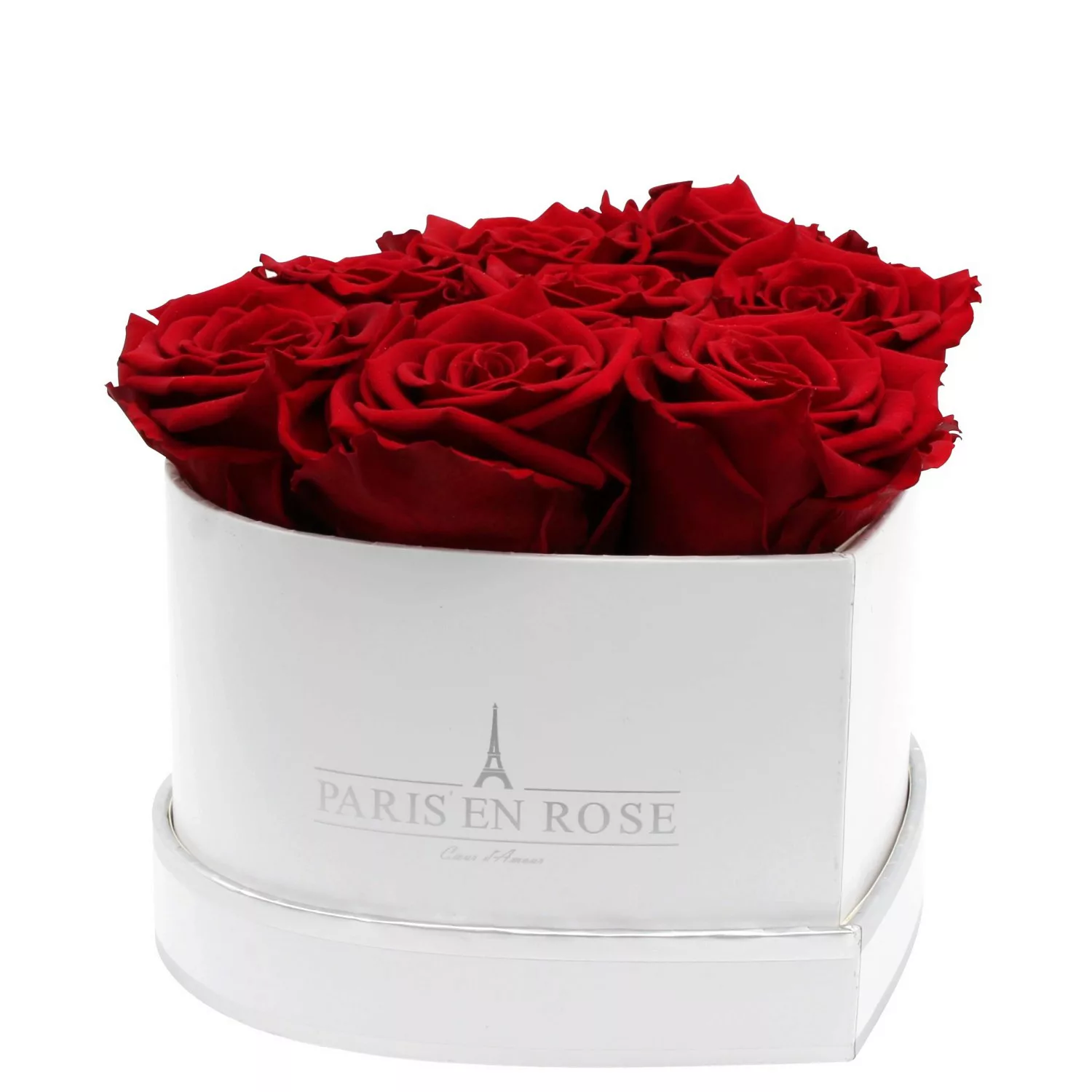 Rosenbox Herz Weiß-Silber mit 8 Bordeaux Rosen günstig online kaufen