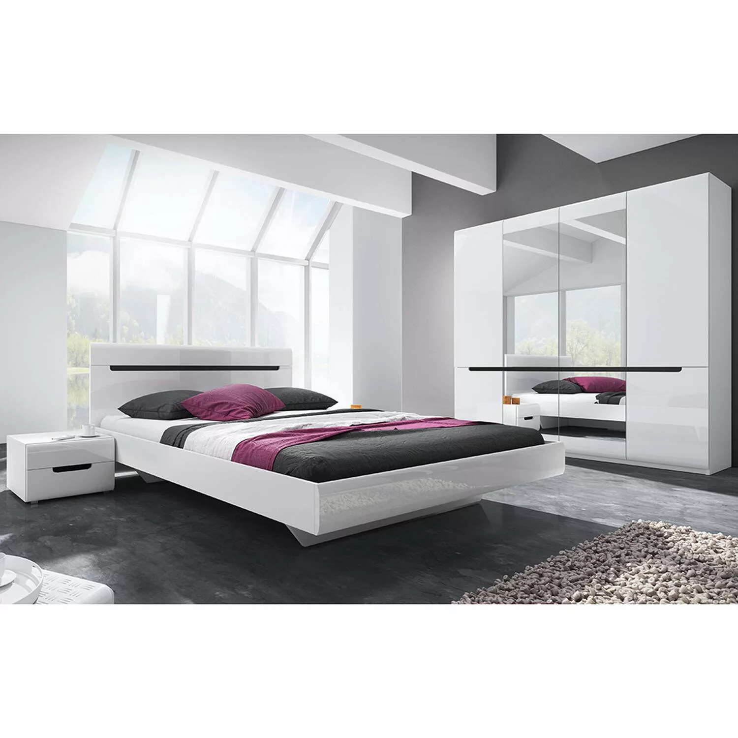 Schlafzimmer Set mit 180cm Bett in weiß mit weiß Hochglanz und schwarz HERN günstig online kaufen
