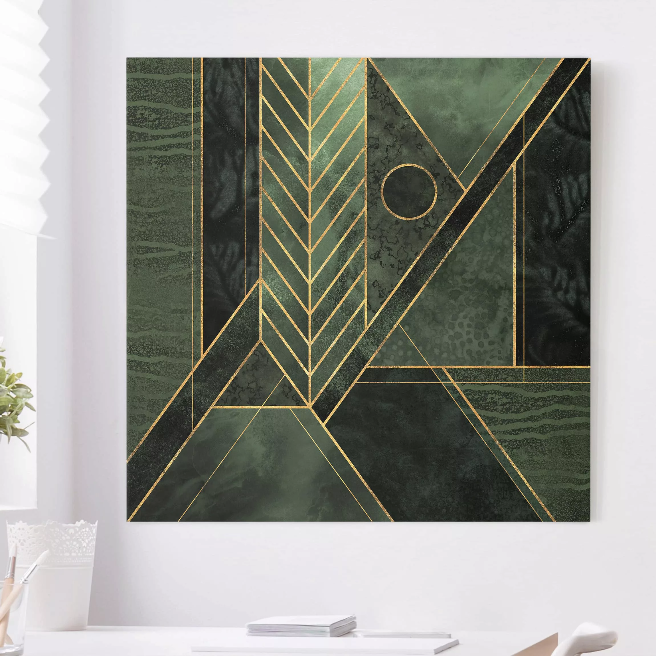 Leinwandbild Abstrakt - Quadrat Geometrische Formen Smaragd Gold günstig online kaufen