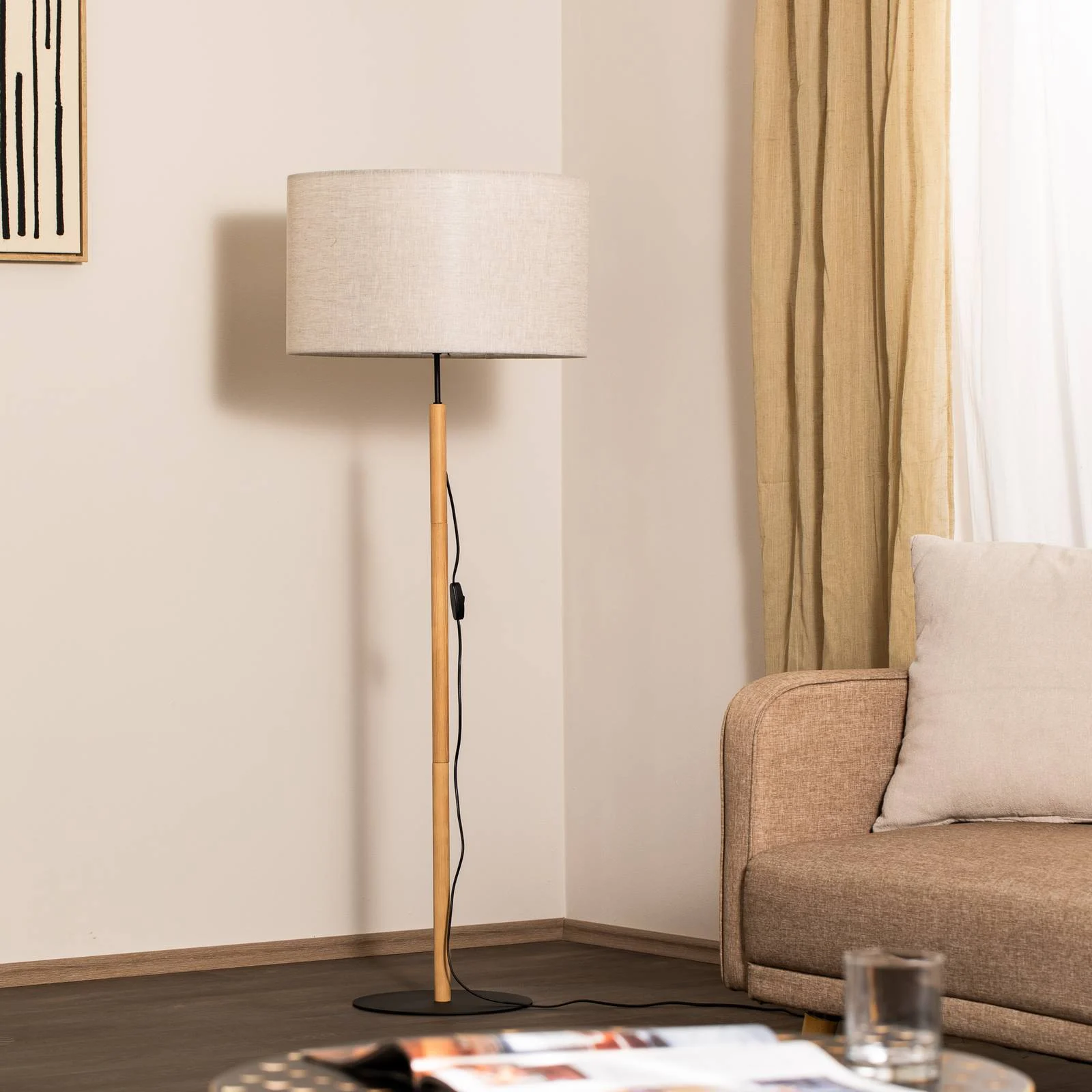 Stehleuchte Deva Nature, Textil, Holz günstig online kaufen