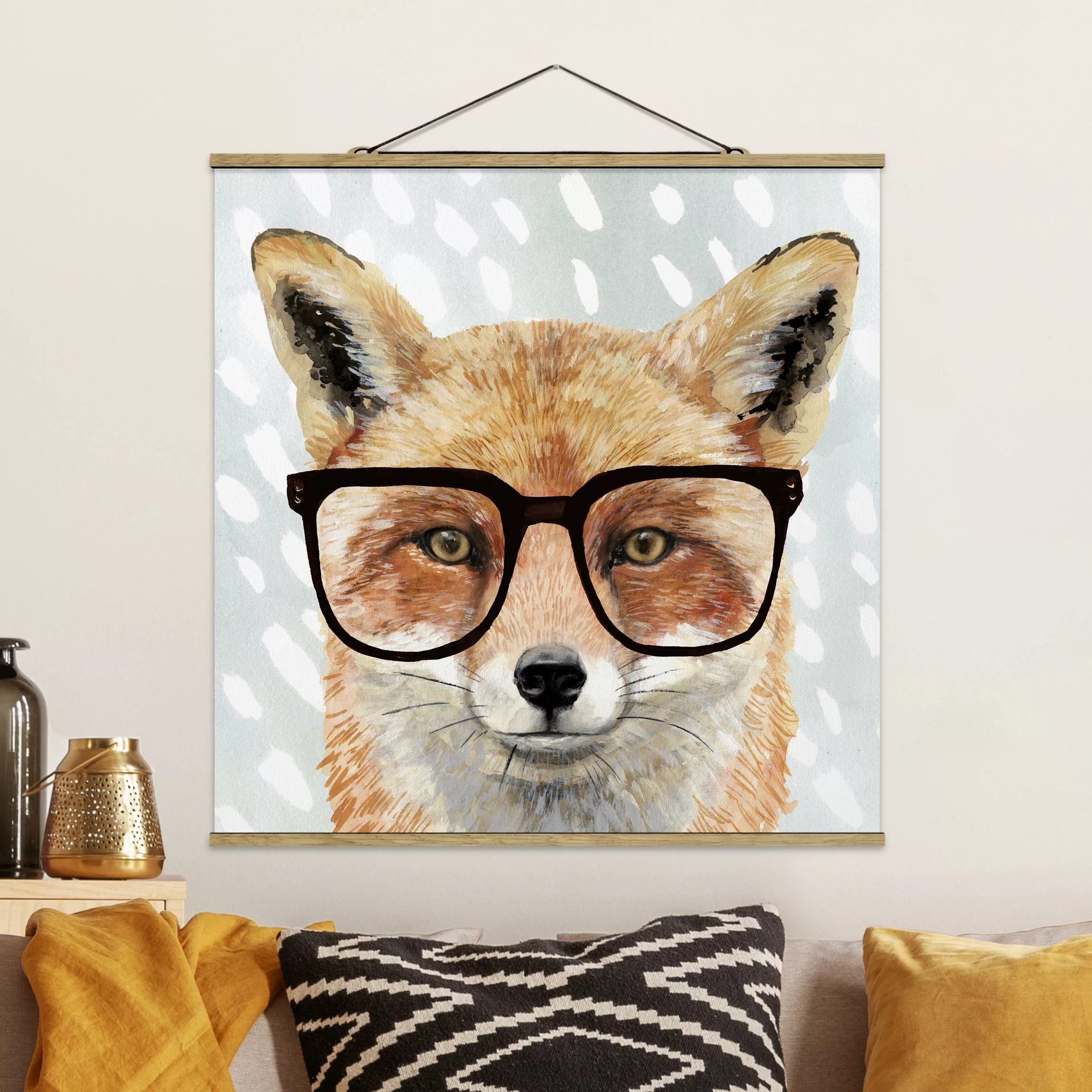 Stoffbild Tiere mit Posterleisten - Quadrat Bebrillte Tiere - Fuchs günstig online kaufen
