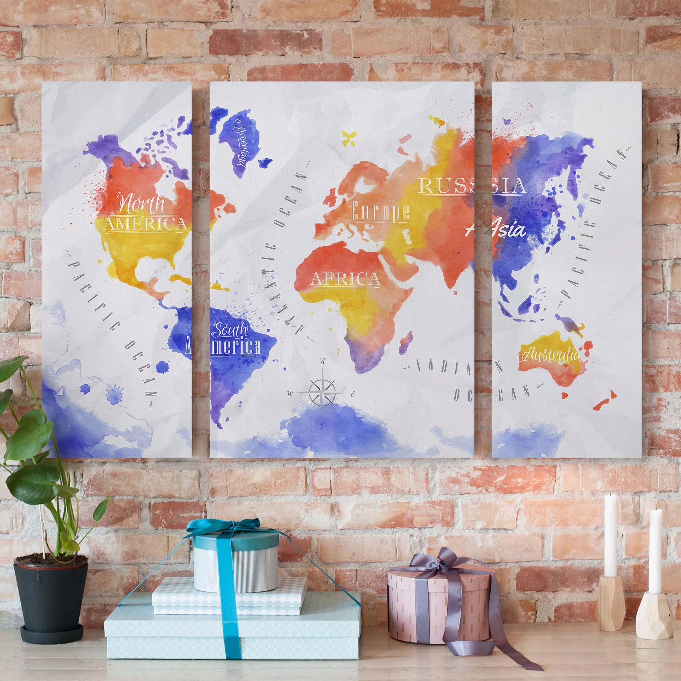 3-teiliges Leinwandbild Aquarell - Querformat Weltkarte Aquarell violett ro günstig online kaufen