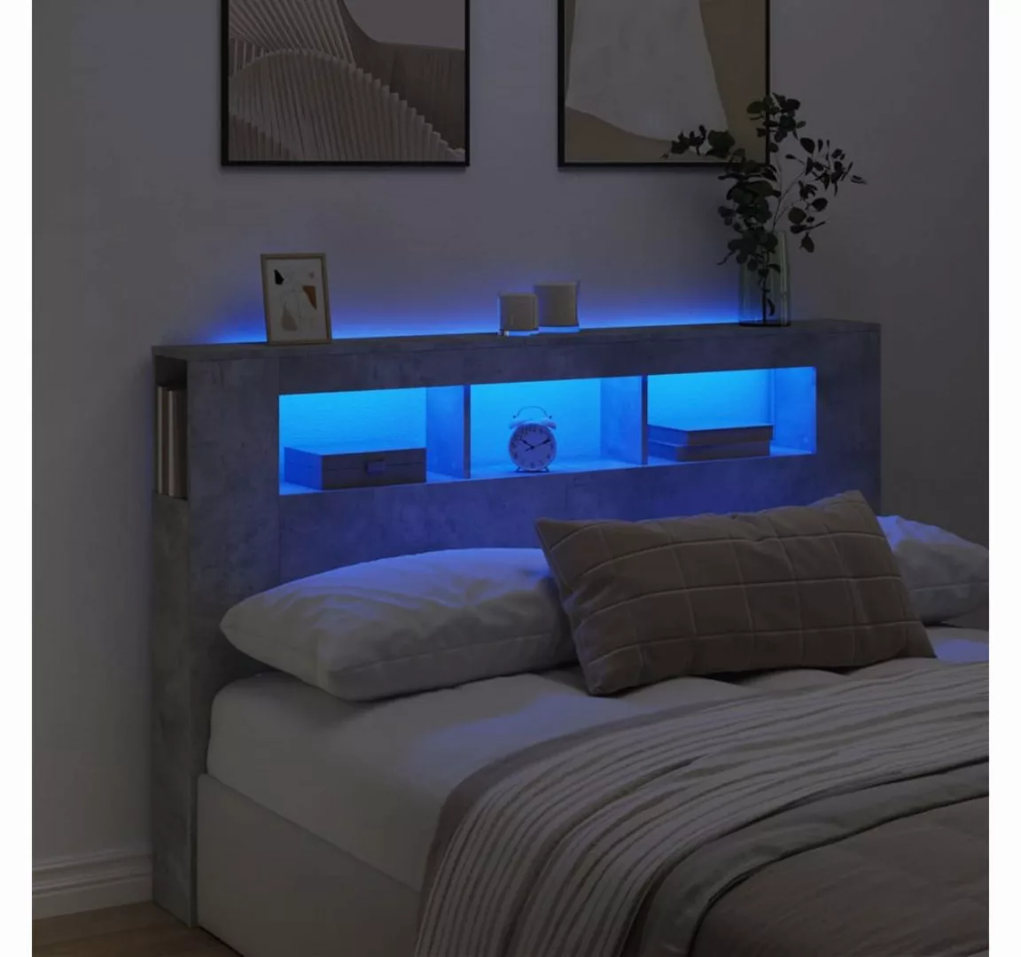 vidaXL Bett, LED-Kopfteil Betongrau 160x18,5x103,5 cm Holzwerkstoff günstig online kaufen