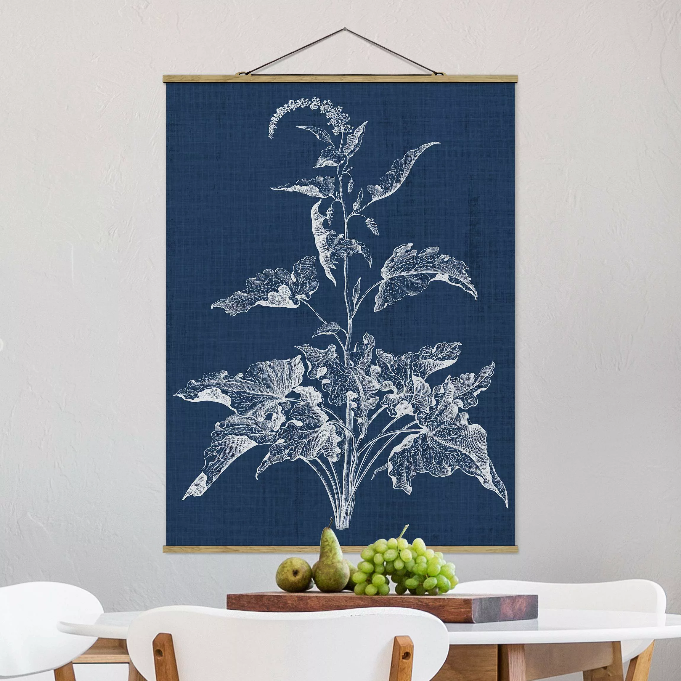 Stoffbild Blumen mit Posterleisten - Hochformat Denim Pflanzenstudie II günstig online kaufen