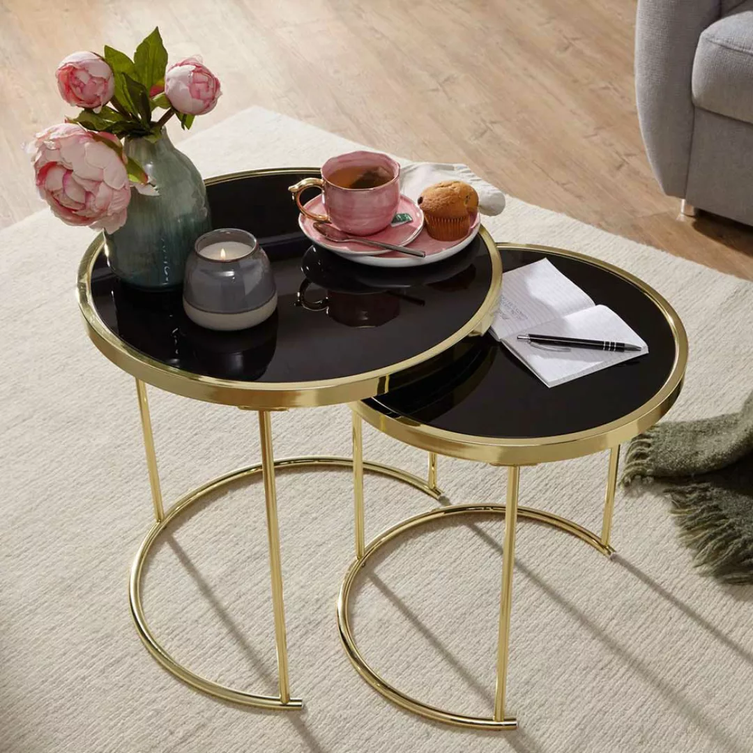 Glasstisch Set in Schwarz und Goldfarben rund (zweiteilig) günstig online kaufen