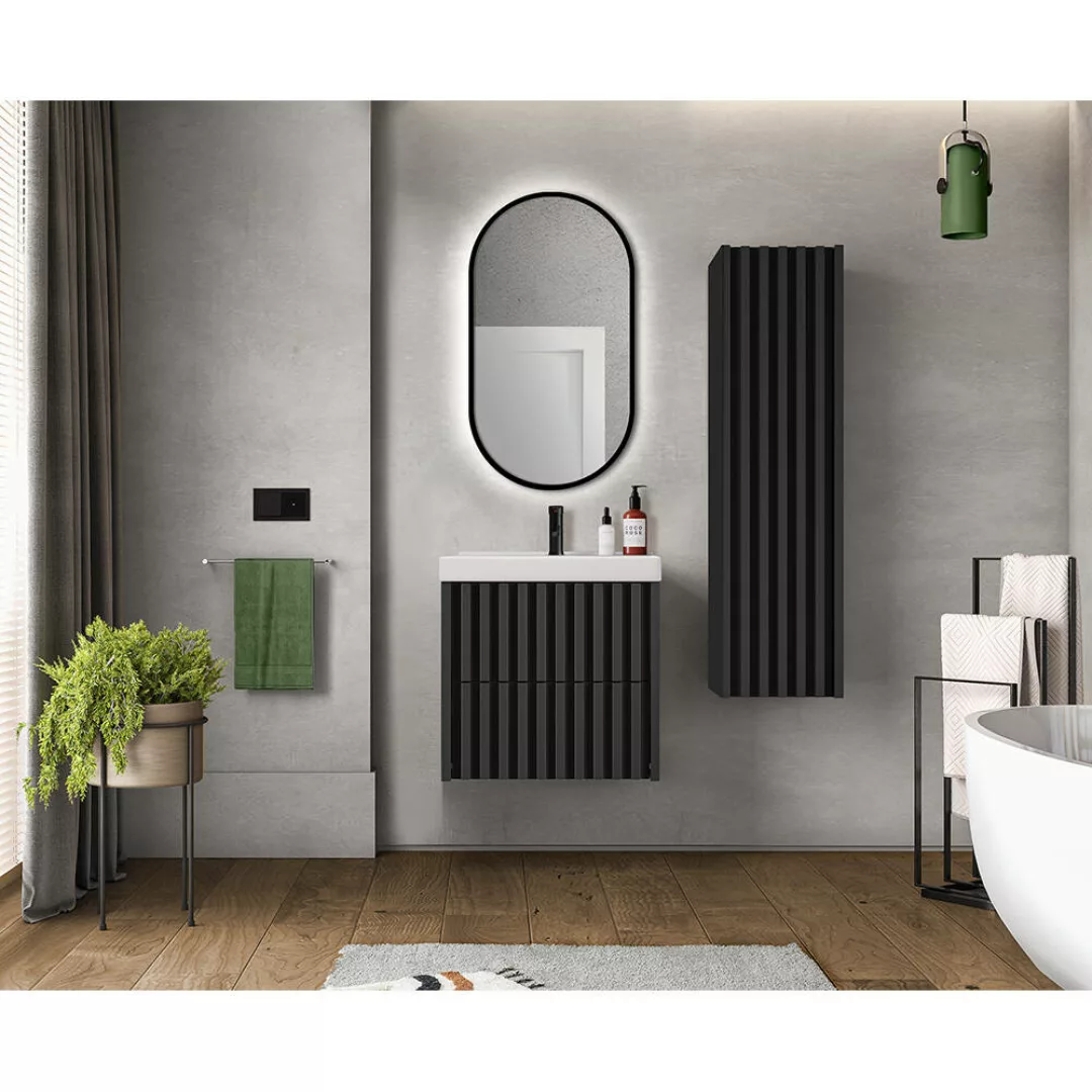 Badmöbel Set mit 60 cm Waschtisch NANTES-107 in schwarz mit Lamellenfronten günstig online kaufen