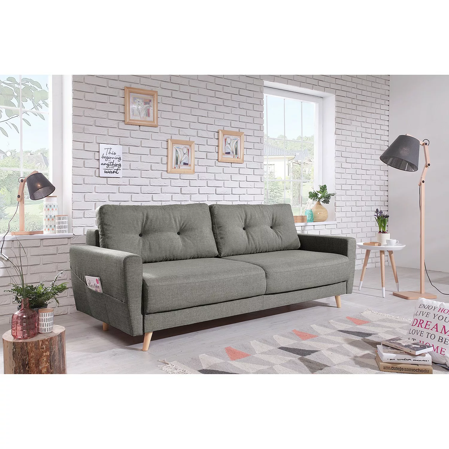 home24 Mørteens Sofa Sola 3-Sitzer Grau Webstoff 215x90x90 cm günstig online kaufen