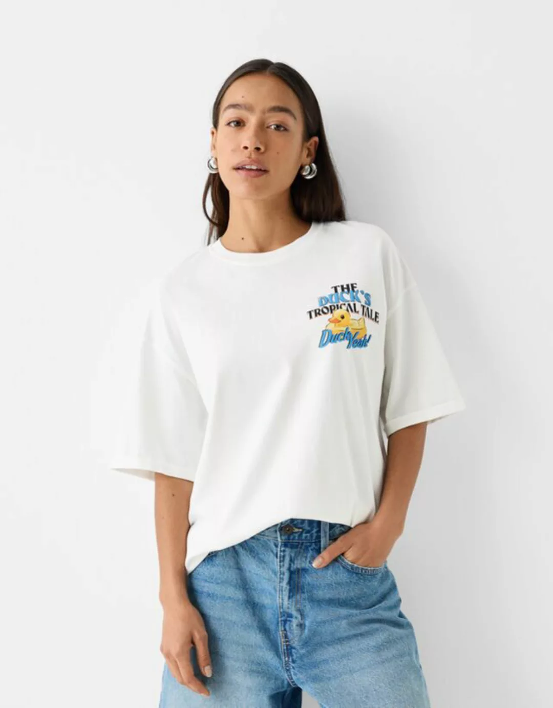 Bershka T-Shirt Mit Print Damen L Rohweiß günstig online kaufen