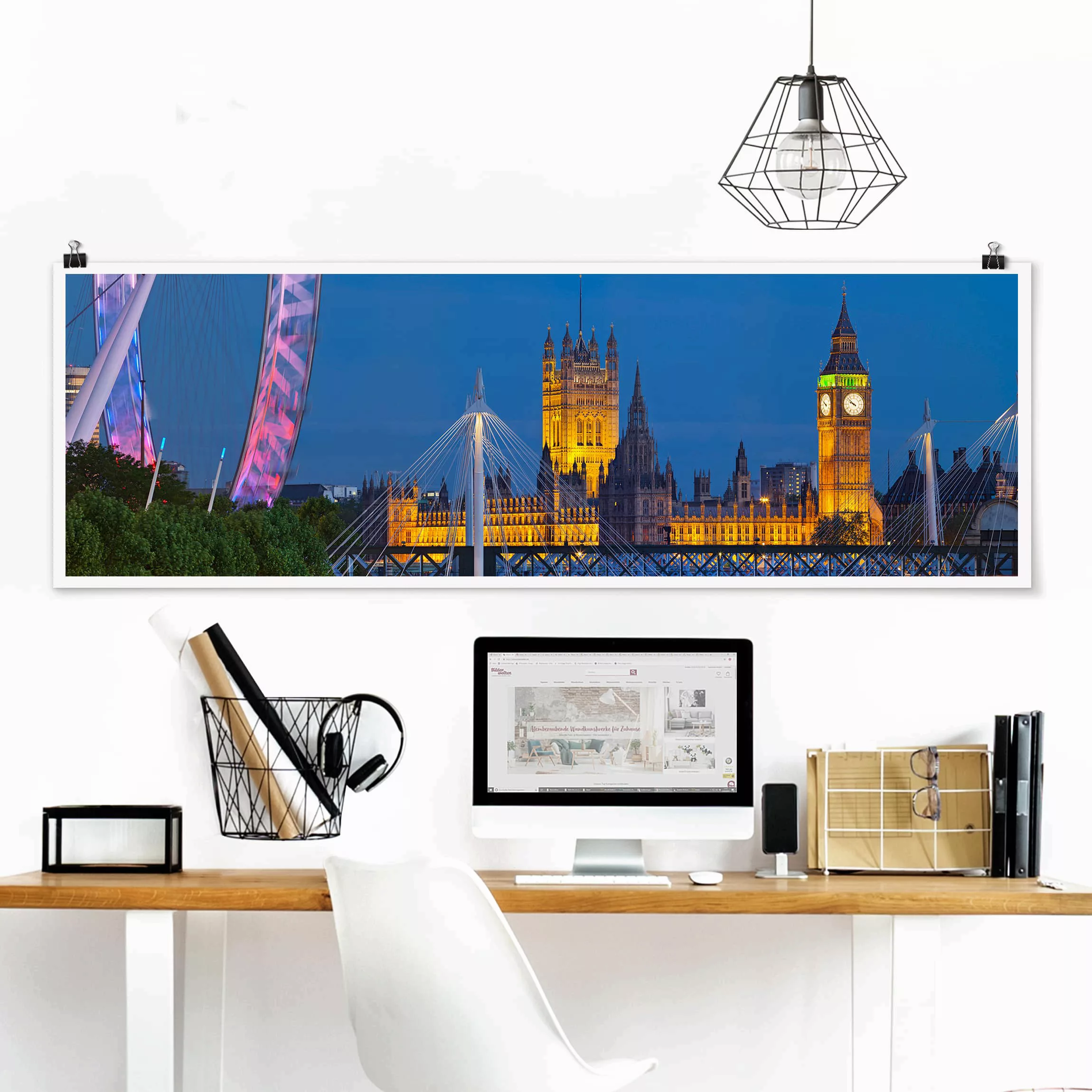 Panorama Poster Big Ben und Westminster Palace in London bei Nacht günstig online kaufen