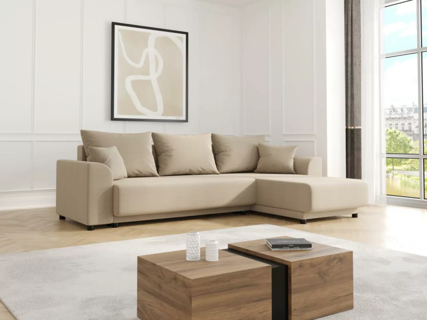 Ecksofa mit Schlaffunktion - Ecke wechselbar - Stoff - Beige - NESSARO günstig online kaufen