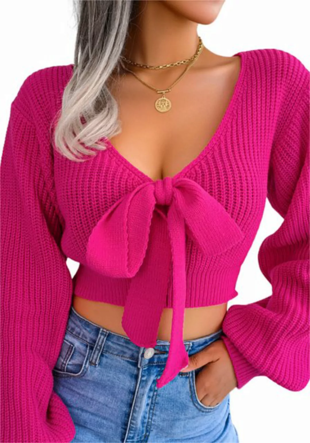 Mayou Crop-Top Damen V-Ausschnitt Schleifen Strickpullover, Crop-Top mit Pu günstig online kaufen