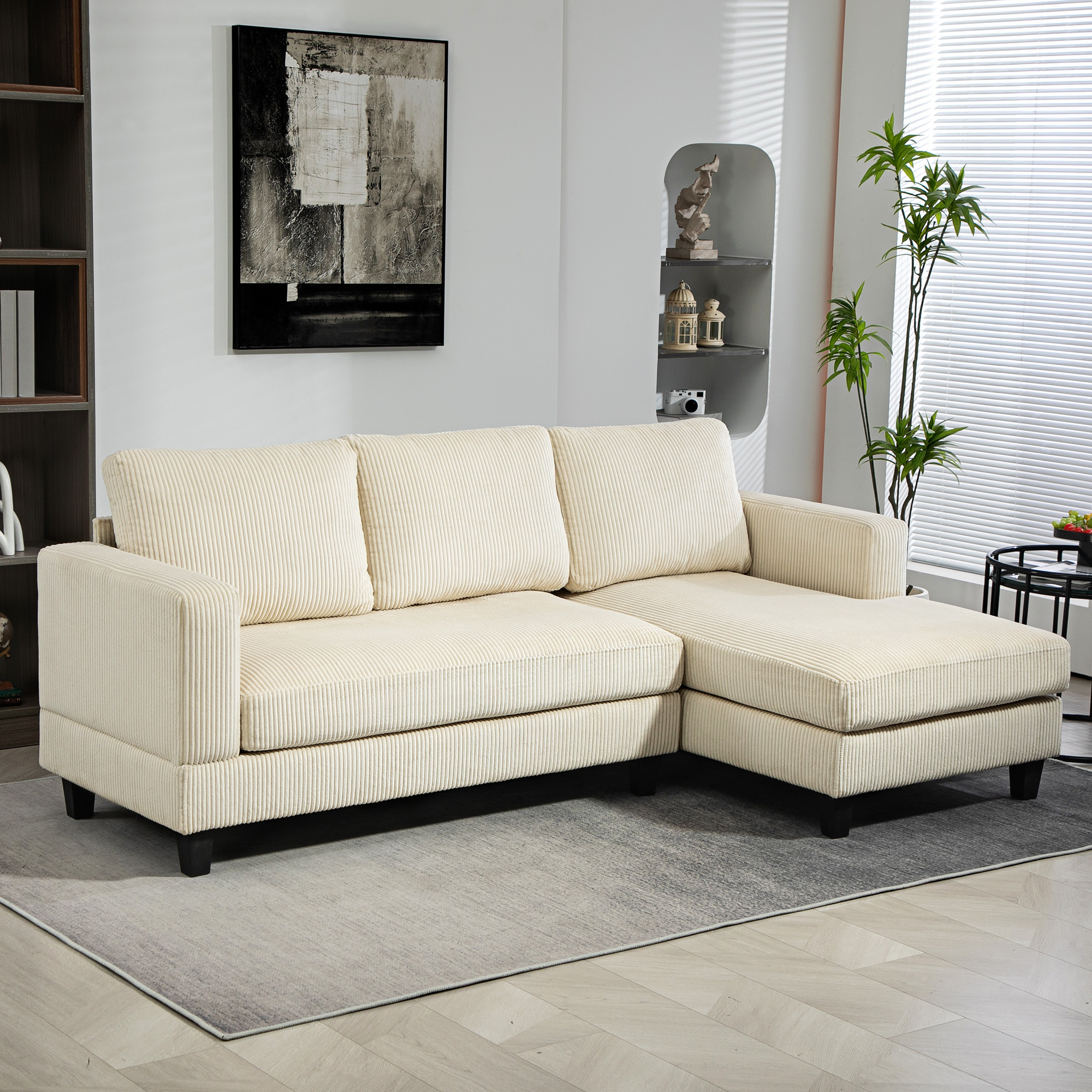 HOMCOM Ecksofa aus Rippvelours mit 3-Sitzer Sofa und Ottomane, dick gepolst günstig online kaufen