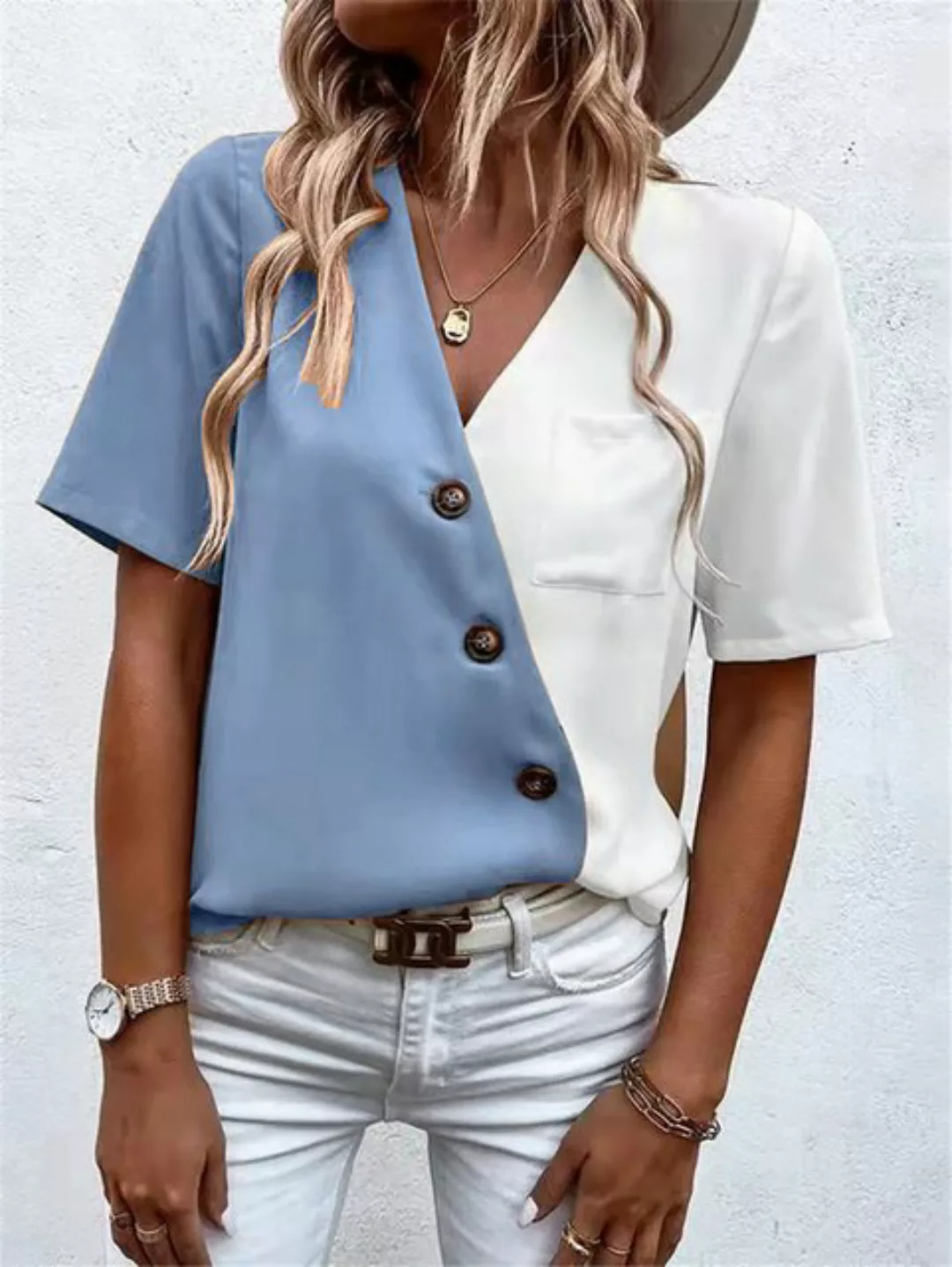 BlauWave Kurzarmshirt Frauen Color Block Tops Casual Kurzarm (1-tlg., V-Aus günstig online kaufen