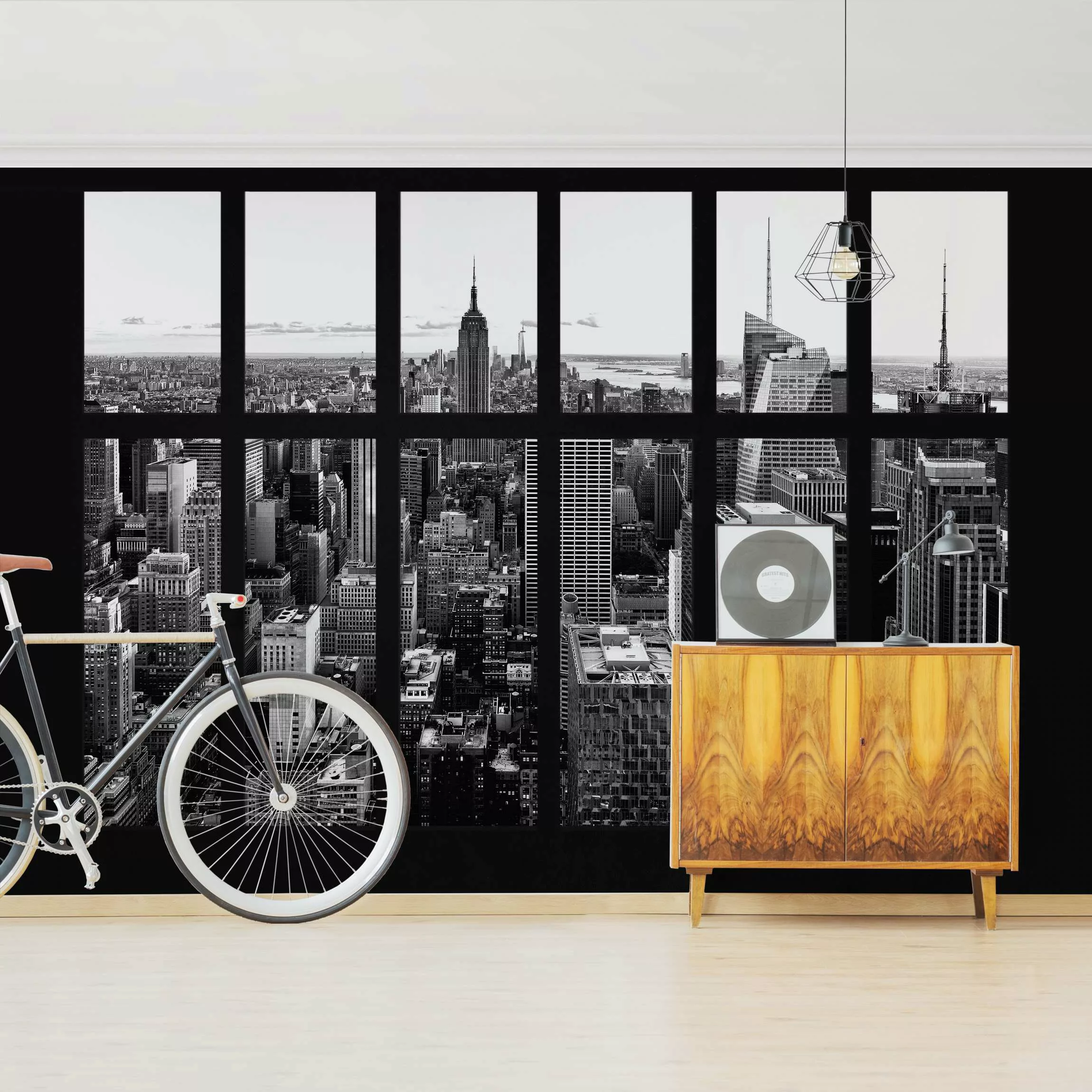 Fototapete Fenster Manhattan Skyline schwarz-weiß günstig online kaufen
