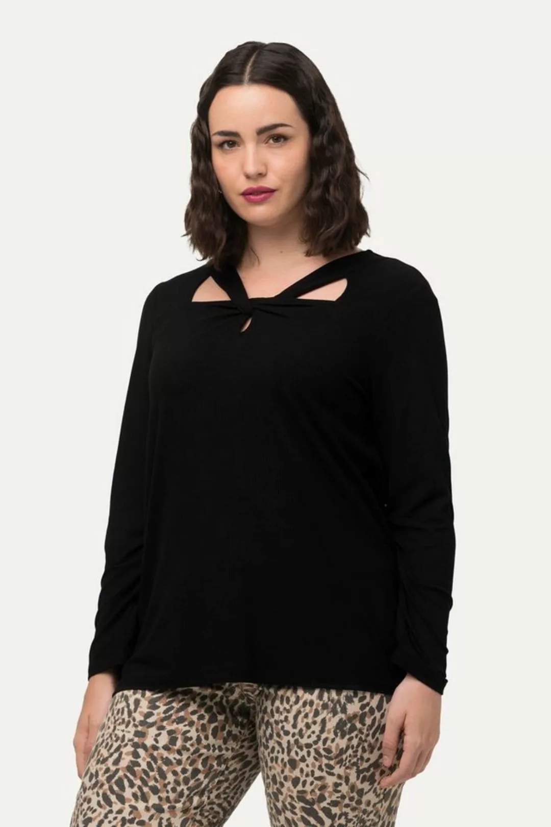 Ulla Popken Rundhalsshirt Shirt Rippjersey Cut-Outs V-Ausschnitt Langarm günstig online kaufen