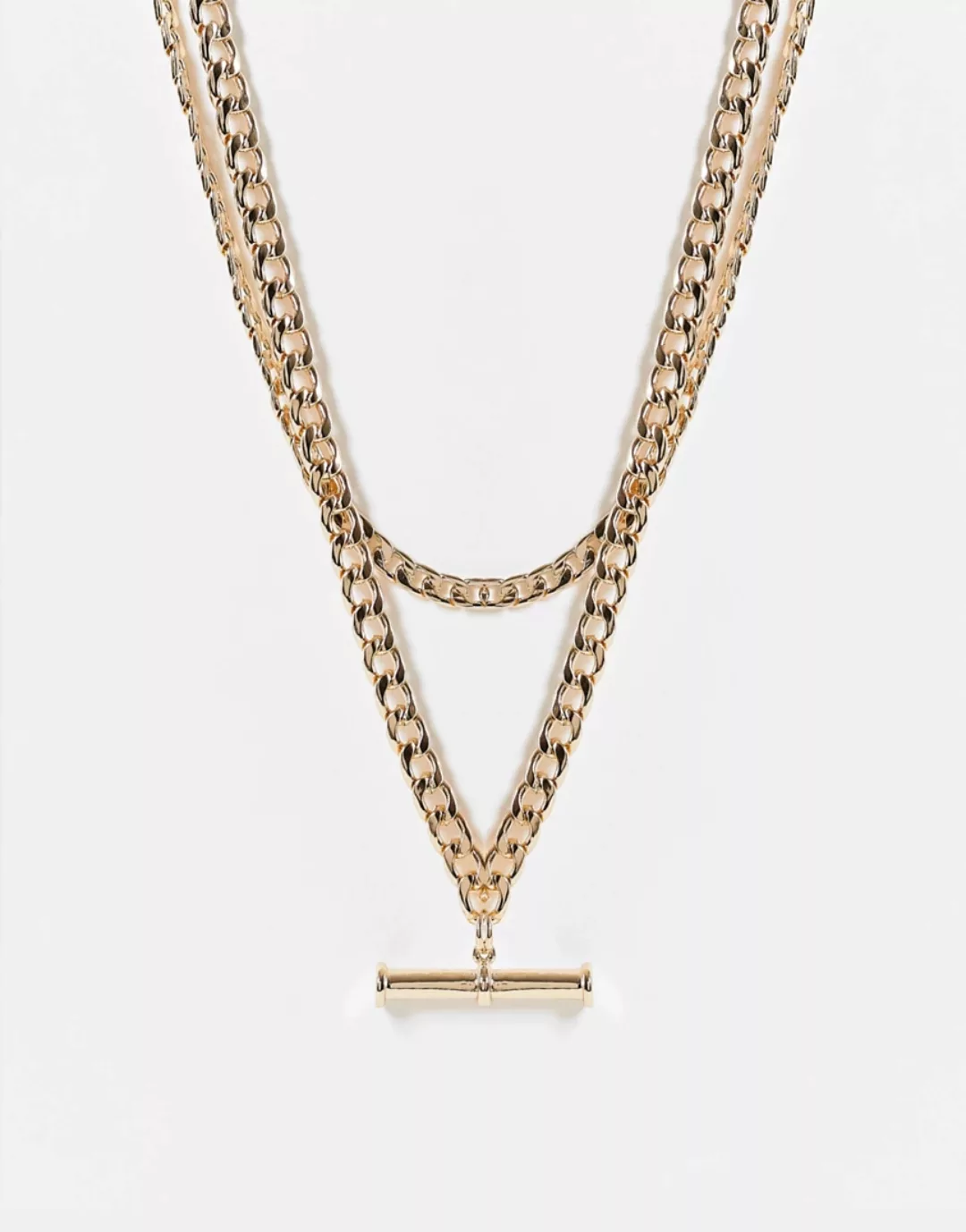 ASOS DESIGN – Mehrreihige, goldfarbene Halskette mit T-Steg-Anhänger in Gol günstig online kaufen