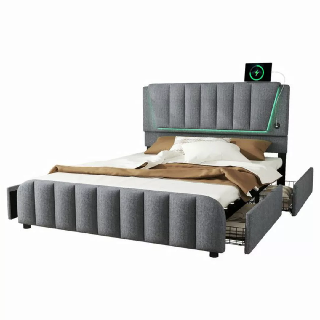 Flieks Polsterbett, LED Doppelbett 160x200cm mit 4 Schubladen und verstellb günstig online kaufen