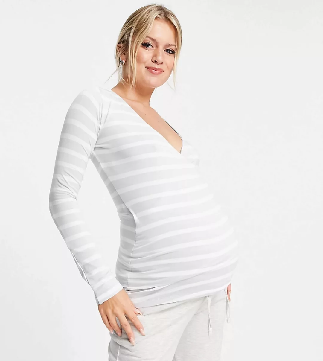 ASOS DESIGN Maternity – Langärmliges Still-Wickeloberteil in Grau und Weiß günstig online kaufen