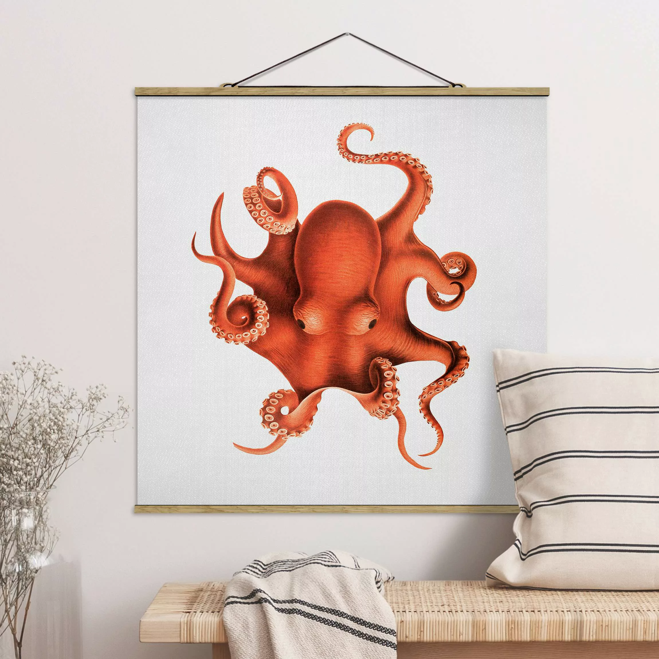 Stoffbild mit Posterleisten Vintage Illustration Roter Oktopus günstig online kaufen