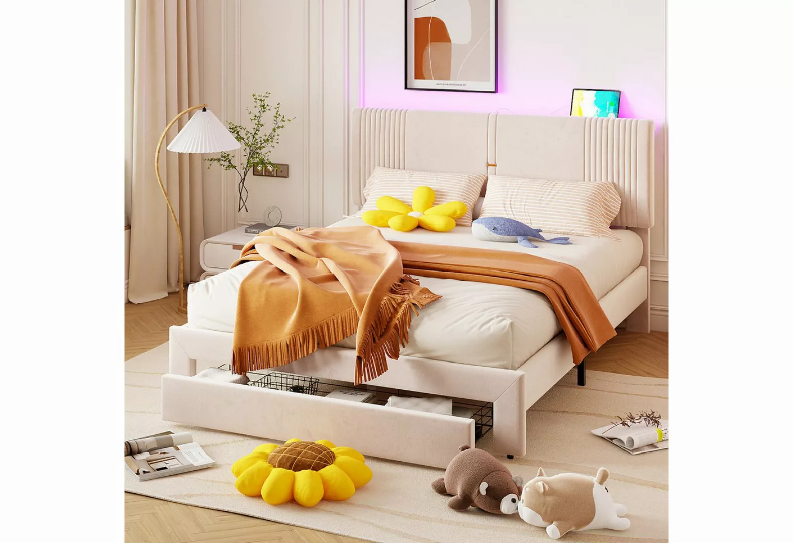 MODFU Polsterbett Doppelbett mit Lichtleiste und USB-Buchse, smat (Rückenle günstig online kaufen