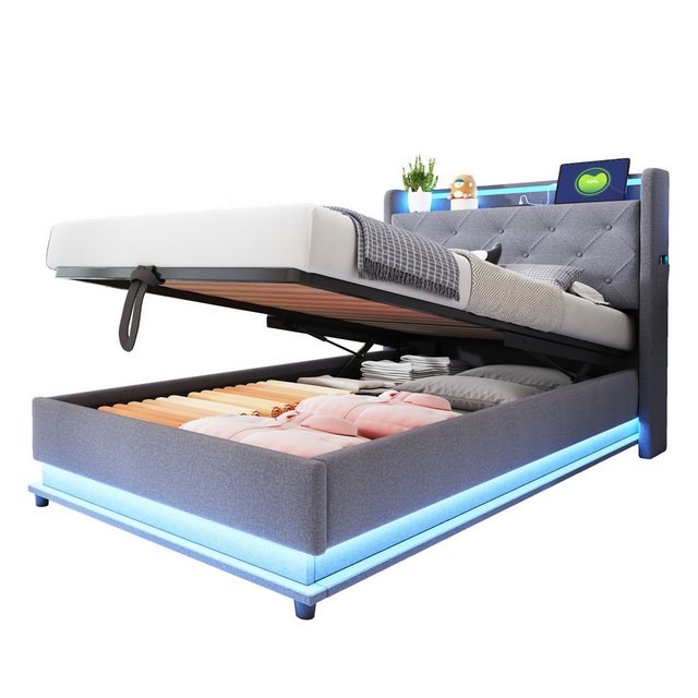 OKWISH Polsterbett Funktionsbett mit USB-Ladeanschluss und Hydraulischer La günstig online kaufen