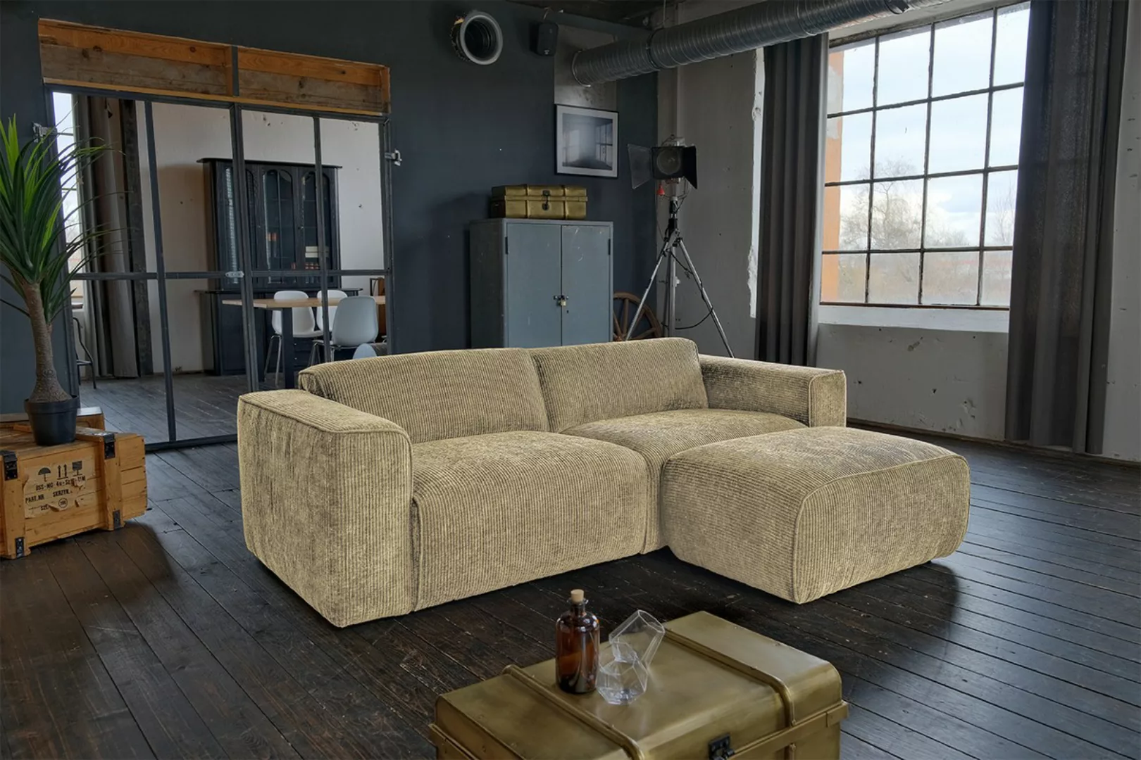 KAWOLA Sofa NELE 3-Sitzer Cord beige mit Hocker günstig online kaufen