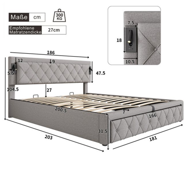 XDeer Polsterbett Polsterbett mit Downlight & USB-Schnittstelle, mit Latten günstig online kaufen
