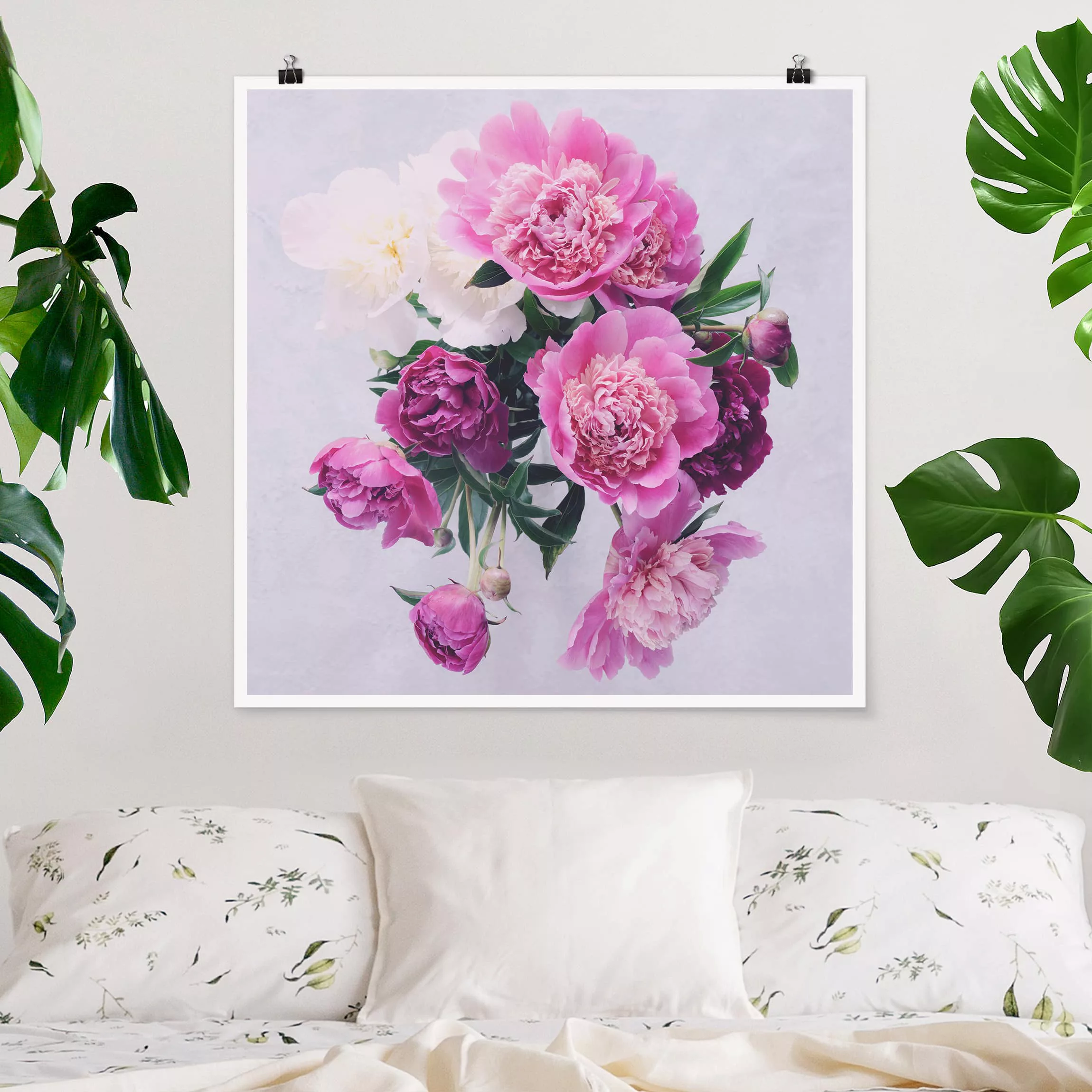 Poster Blumen - Quadrat Pfingstrosen Shabby Rosa Weiß günstig online kaufen