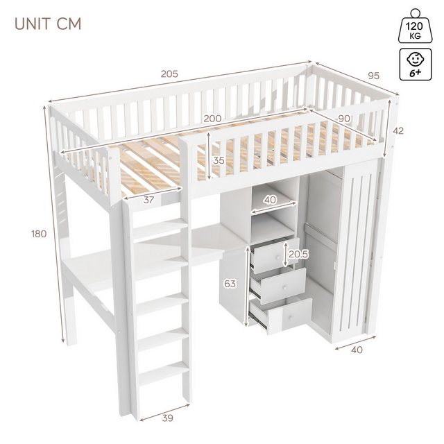 Flieks Hochbett Holzbett 90x200cm mit Schreibtisch Kleiderschrank Schublade günstig online kaufen