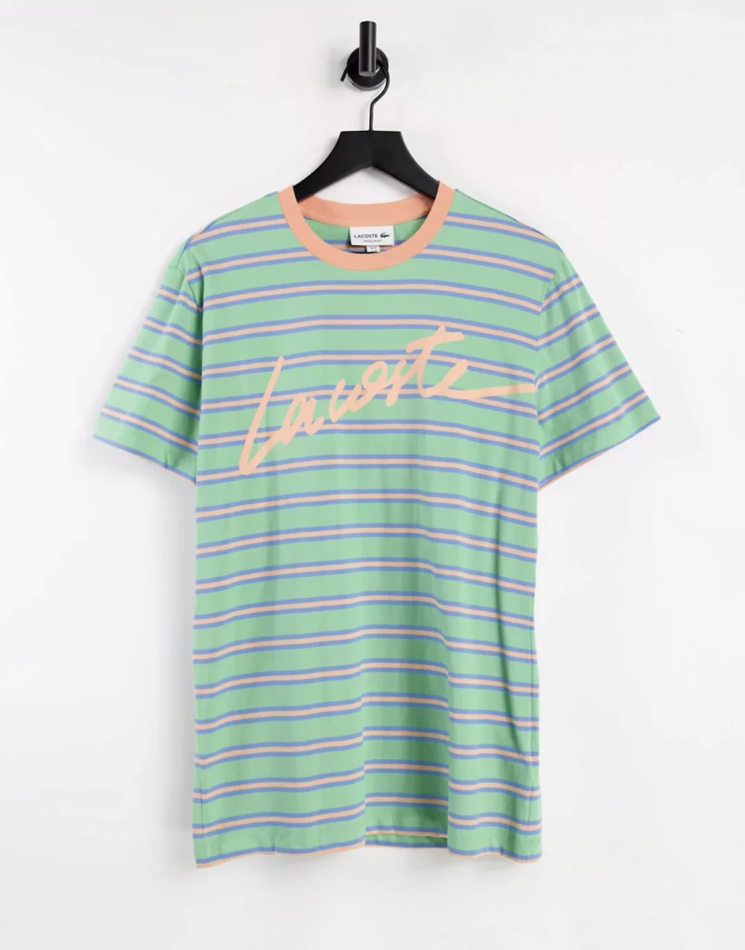 Lacoste – T-Shirt in Grün gestreift mit Logo-Schriftzug günstig online kaufen