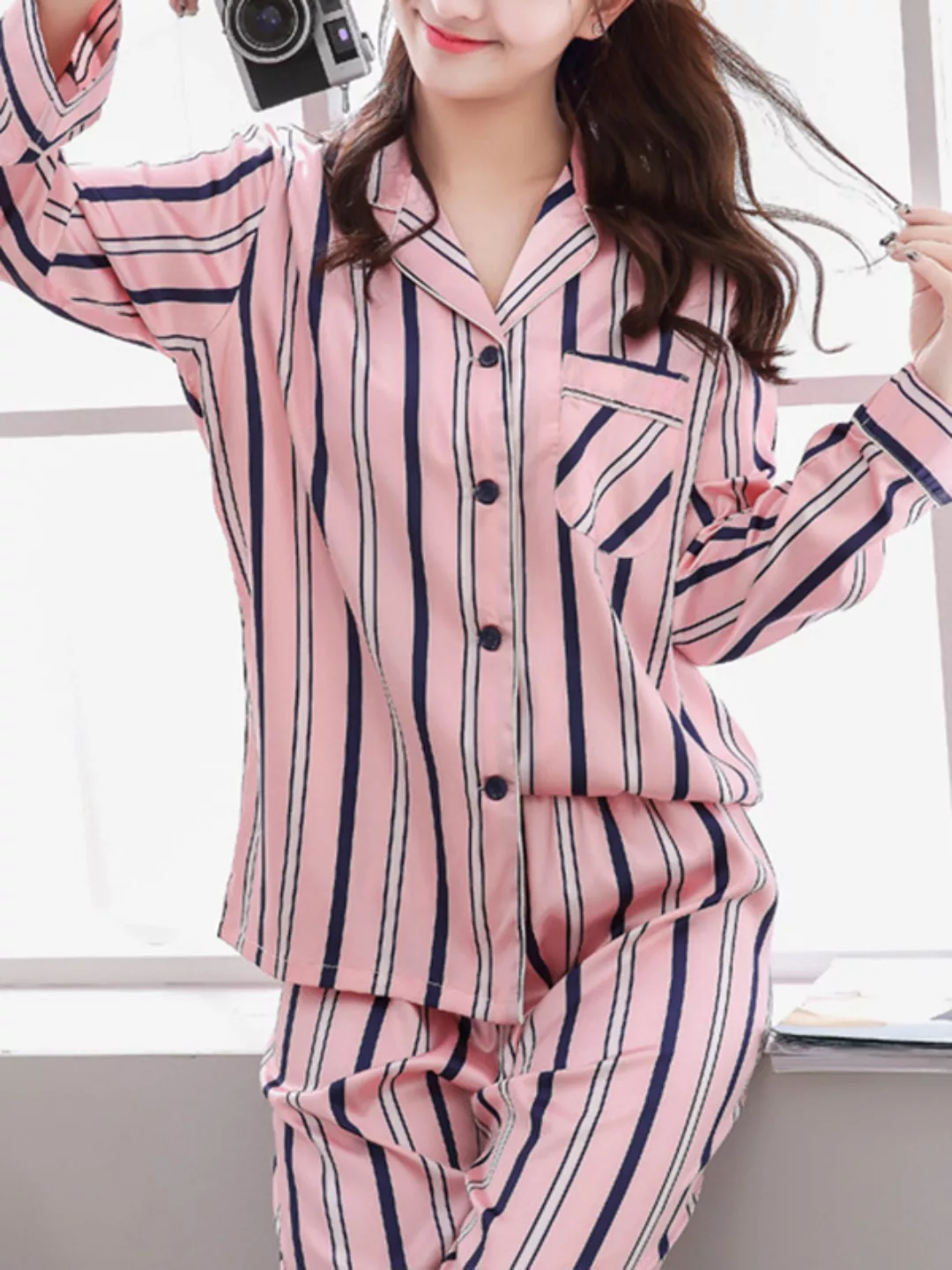 Damen Faux Silk Irregular Stripe Revere Kragen Brusttasche Lange Pyjamas Se günstig online kaufen